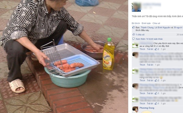 Người phụ nữ đang rửa từng chiếc xúc xích mốc bằng nước rửa chén bát trước khi đưa đi chế biến.