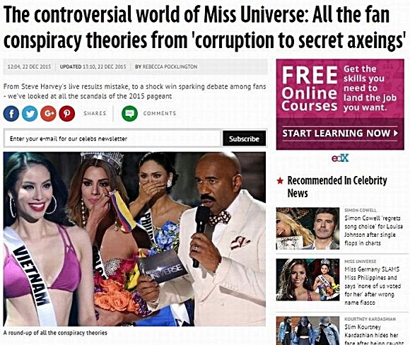 Fan cho rằng Miss Universe 2015 có những khuất tất do thuyết âm mưu - Ảnh: Chụp màn hình Mirror