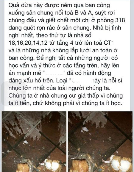 Quả dừa rơi từ tr&ecirc;n tầng cao chung cư xuống tầng một vỡ đ&ocirc;i khiến người ở dưới hốt hoảng (ảnh diễn đ&agrave;n)