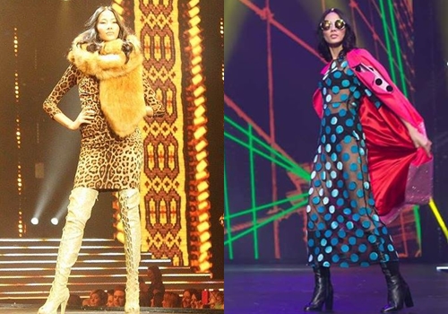 Hoàng Thùy tự tin trong các show diễn của The Clothes. Cô còn vinh dự được diễn bộ sưu tập của Dolce & Gabbana (trái).