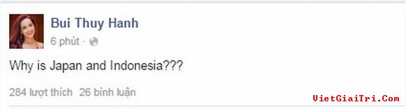 
Cựu người mẫu Thúy Hạnh khá bức xúc chia sẻ: Tại sao là Nhật Bản và Indonesia?. Cô cho rằng đại diện Việt Nam nổi bật hơn và xứng đáng lọt vào top 15.
