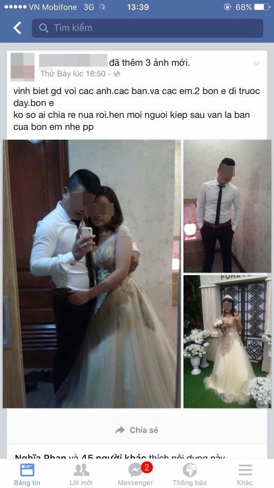 Trước khi sự việc đau lòng trên xảy ra, đôi nam nữ đã mặc đồ cưới chụp ảnh cùng nhau rồi đăng lên facebook (ảnh facebook).