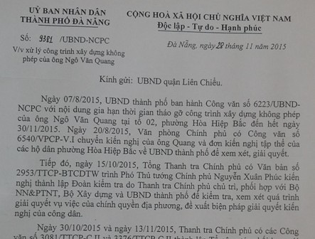 
Công văn của UBND TP Đà Nẵng về việc xử lý công trình xây dựng không phép của ông Ngô Văn Quang. Ảnh Đức Hoàng
