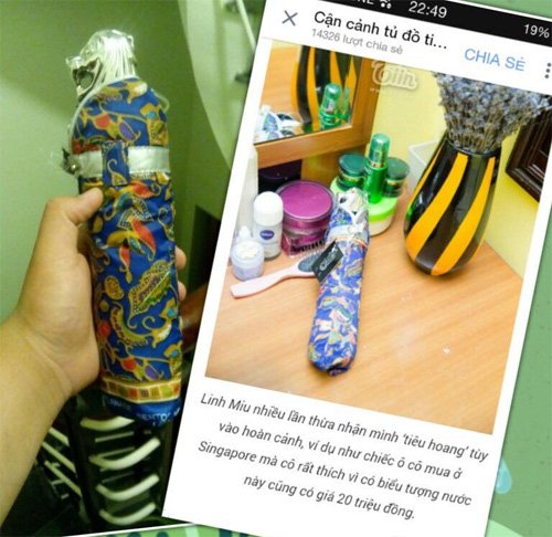 Một người dùng Facebook khoe chiếc ô tương tự chiếc ô 20 triệu của Linh Miu. Chỉ có khác là anh mua nó ở Singapore với giá vài trăm ngàn