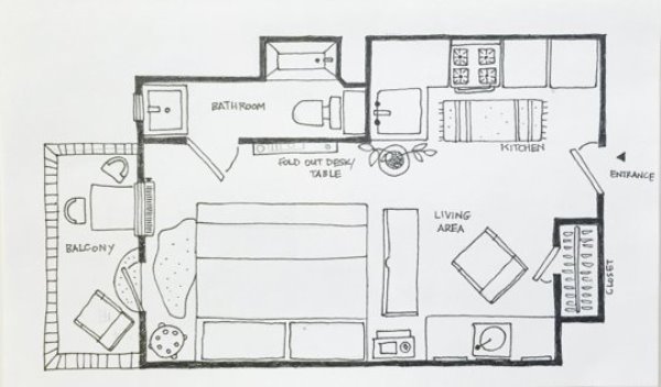 Căn hộ studio đầy đủ tiện nghi mặc dù chỉ có 19m².