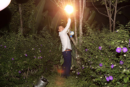 Anh tất tả đi lắp bóng đèn để đảm bảo thắp sáng cả khu vườn.