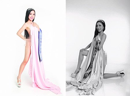 Á hậu 4 cũng chỉ che cơ thể băng một tấm vải và dải duy băng