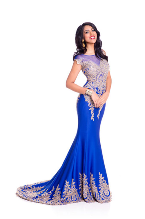 Chiếc váy đuôi cá với hoa văn cầu kỳ của Hoa hậu Mauritius.
