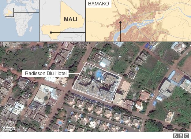 Bản đồ khách sạn Radisson Blue tại thủ đô Bamako, Mali, nơi 170 người bị các tay súng Hồi giáo bắt làm con tin ngày 20/11 (Ảnh: Mapbox)