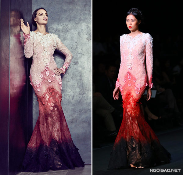 Với bộ sưu tập Couture Thu 2015, không diễn trên sàn runway như thường lệ, Alexis Mabille đã chiêu mộ một dàn sao nữ nổi tiếng để hội tụ trong bộ ảnh do nhiếp ảnh gia Matthew Brookes thực hiện, trong đó có diễn viên The Past  Berenice Bejo (trái). Đường cong nuột nà và thần thái kiêu sa của cô giúp bộ đầm đuôi cá phô được trọn vẹn những chi tiết tuyệt vời nhất.