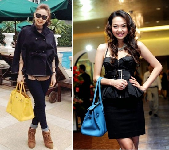 Minh Hằng còn sở hữu thêm hai chiếc túi vàng và xanh Hermes Birkin. Tổng trị giá cả hai chiếc này vào khoảng hơn 400 triệu đồng.