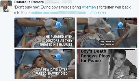 
Rất nhiều người dùng mạng chia sẻ câu chuyện cũng như câu nói đáng thương của cậu bé người Yemen.
