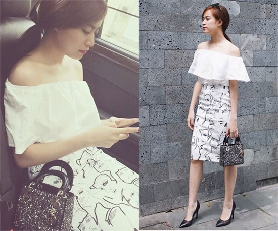 Hoàng Thùy Linh rất thông minh và kĩ càng lựa chọn trang phục đi với phụ kiện. Với chân váy họa tiết, áo trắng trễ vai thì cô lại kết hợp thêm túi Dior màu đen nhỏ xinh.