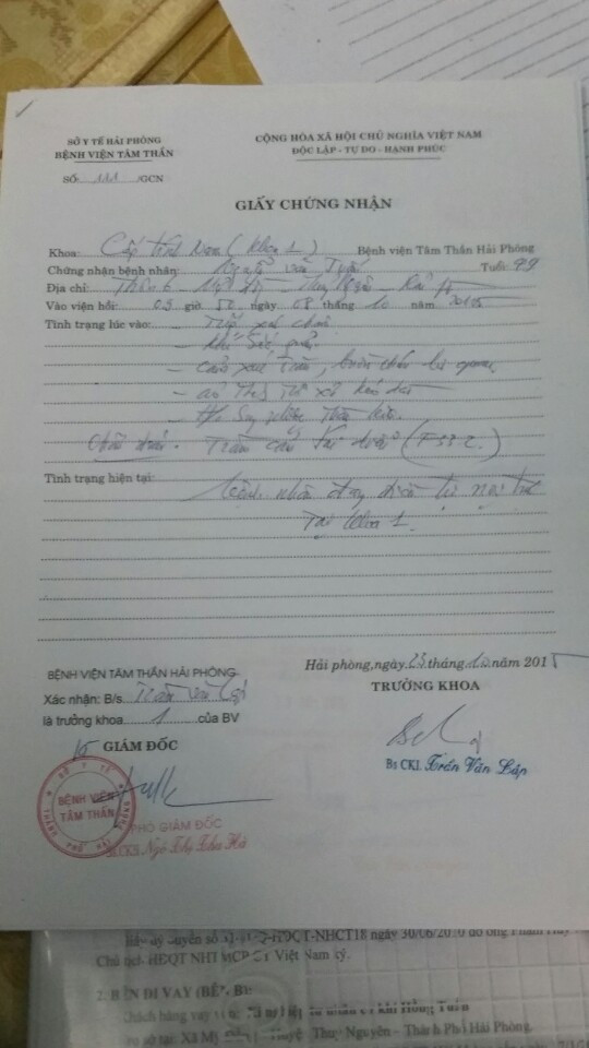 Giấy xác nhận của Bệnh viện tâm thần Hải Phòng cho biết ông Tuấn đang điều trị bệnh tại bệnh viện này