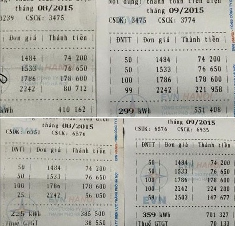 Những tấm hóa đơn đi kèm với sự phẫn nộ của khổ chủ dùng điện ở Hà Nội. 			Ảnh: Đ.Đ.K