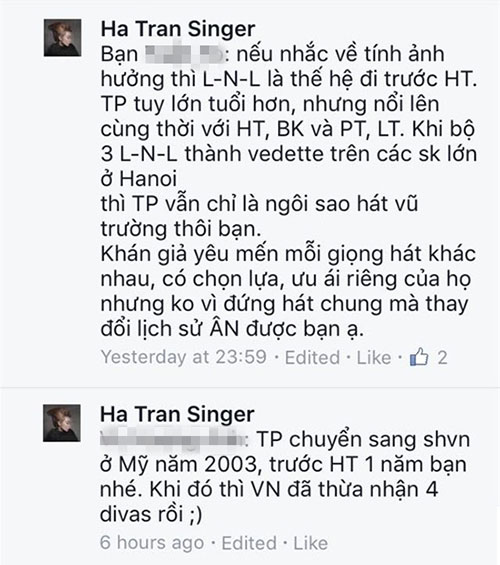 
Phát ngôn của Hà Trần được chụp lại qua fanpage
