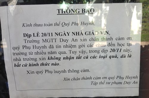 Trường Mẫu giáo tư thục Duy Anh (TP.HCM) gây ngạc nhiên với thông báo không nhận quà ngày 20/11.