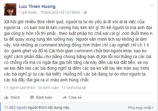 
Lưu Thiên Hương bày tỏ quan điểm cá nhân trên Facebook.
