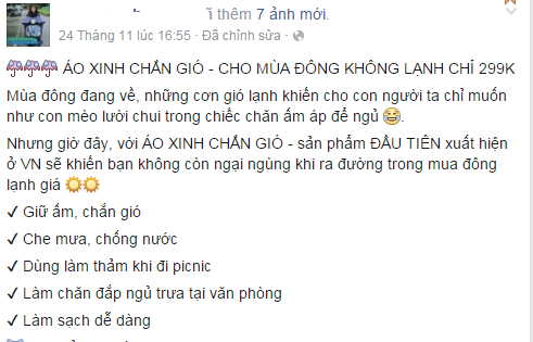 
Loại áo chống gió mùa đông không lạnh này đang được quảng cáo rao bán tại một shop bán hàng online. Ảnh chụp màn hình Facebook
