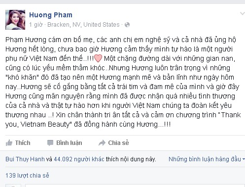 Lời tri ân của Phạm Hương được chia sẻ trên trang cá nhân