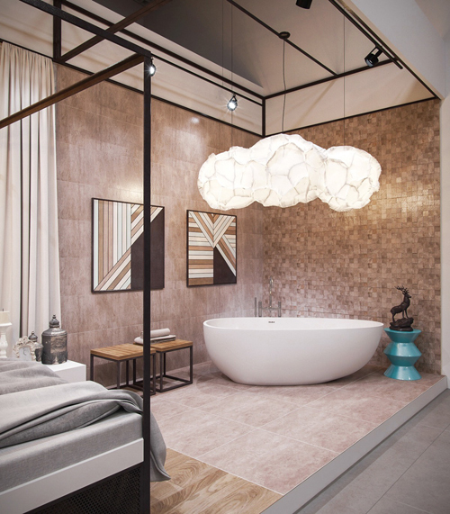 Với chủ nhà này, bồn tắm trở thành một phần của phòng khách, tạo nên sự thi vị, lãng mạn cho cuộc sống.