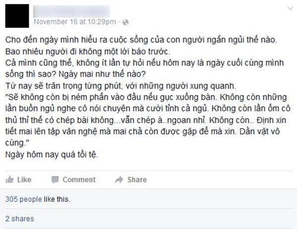 
Những d&ograve;ng chia sẻ u uẩn của nữ sinh L. tr&ecirc;n mạng x&atilde; hội. Ảnh: Vietnamnet
