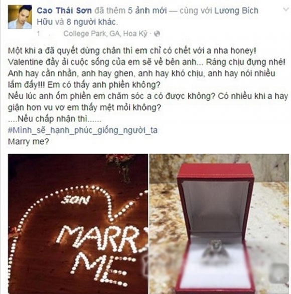 
Cao Thái Sơn khoe hình ảnh một trái tim xếp bằng nến, bên trong có tên anh và dòng chữ Marry me, kèm theo đó là ảnh chụp một hộp nhẫn cưới.
