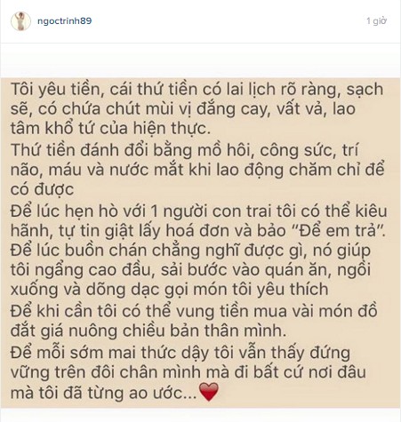 
Ngọc Trinh viết trên instagram.
