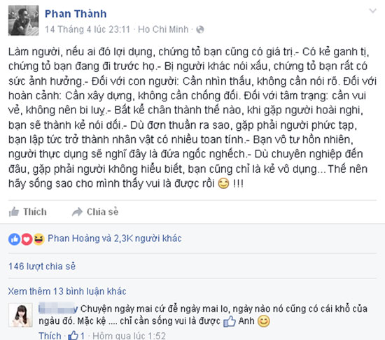 
Status đầy tâm trạng của Phan Thành
