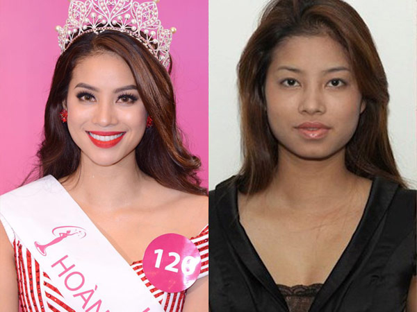 
Phạm Hương thời điểm đăng quang Hoa hậu Hoàn vũ 2015 (trái) và thời điểm thi Vietnams Next Top Model 2010.
