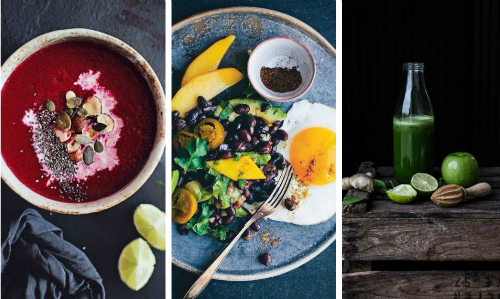 Súp củ dền, salad đậu kiểu Mexico và nước uống thanh lọc. 