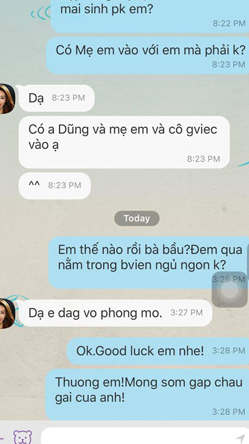 Tin nhắn của Lều Phương Anh và MC Anh Khoa trước khi nữ ca sĩ sinh con.