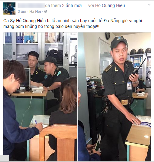 Một tài khoản đăng tải thông tin Hồ Quang Hiếu bị an ninh sân bay giữ vì nghi mang bom trong hành lý. Ảnh: Facebook