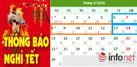 Lịch nghỉ Tết Nguyên đán 2016 chính thức (ô màu xanh là ngày nghỉ hằng tuần, ô màu cam là các ngày nghỉ Lễ)