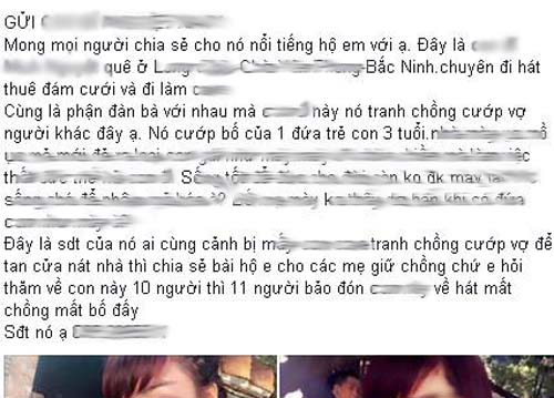 
Ảnh chụp màn hình chia sẻ trên Facebook của người phụ nữ tố chồng ngoại tình ngày 11/1.
