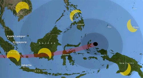 Bức ảnh minh họa dải toàn phần (path of totality) màu đỏ, vùng tối (umbra) là vòng tròn màu đen, vùng nửa tối (penumbra) là các vòng tròn đồng tâm màu tối. Theo đó, các thành phố/khu vực như Palembang ở phía Nam đảo Sumatra, Tanjung Pandan (Sumatra); Palangkaraya, Balikpapan (Kalimantan); Palu (Central Sulawesi); Ternate (North Maluku) và Sofifi (Papua) nằm trên dải màu đỏ nên quan sát được nhật thực toàn phần. Việt Nam nằm trong vùng nửa tối nên quan sát được nhật thực một phần. Ảnh: NASA/Scientific Visualization Studio.