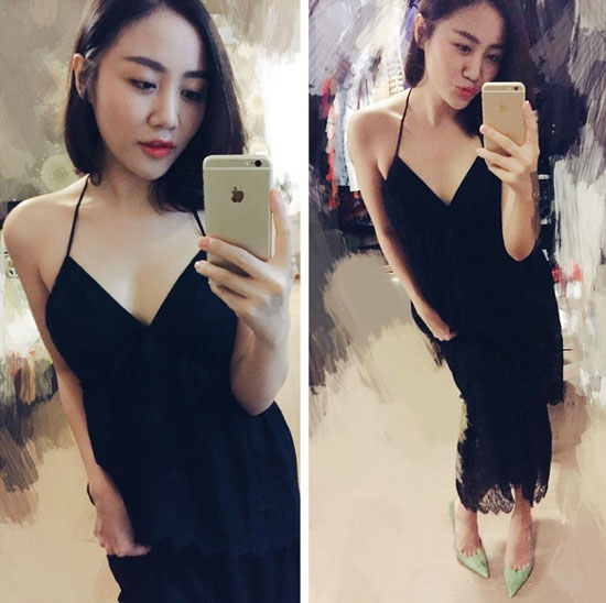 Văn Mai Hương gợi cảm trong chiếc slip dress đen kết hợp giày cao gót xanh nổi bật.