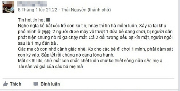 Th&ocirc;ng tin bắt c&oacute;c trẻ em li&ecirc;n tiếp được tung l&ecirc;n mạng x&atilde; hội g&acirc;y hoang mang dư luận.