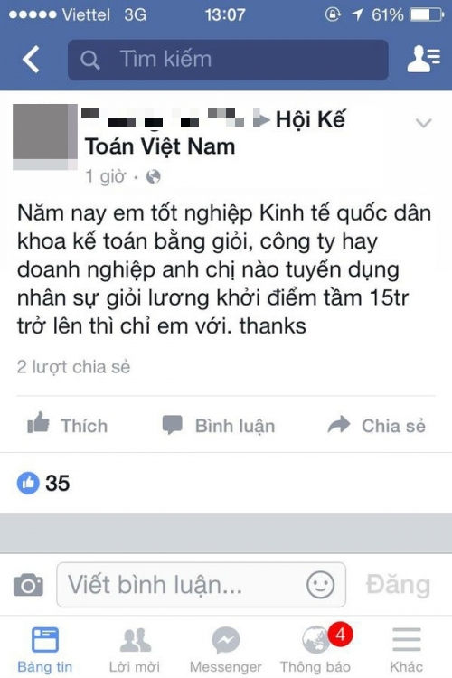 Dòng status của cô gái đã vấp phải nhiều tranh luận từ người dùng mạng.