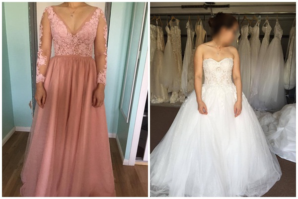 Sau khi thất bại với chiếc váy đặt may (bên trái), chị A.N. đã phải mua một chiếc váy khác tại Úc (bên phải) cho ngày trọng đại.