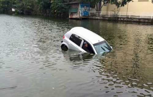 Chiếc xe Hyundai lùi quá đà xuống hồ nước.