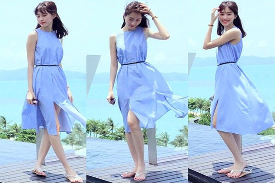 Váy màu xanh như Hoa hậu Đặng Thu Thảo cũng là item đáng học hỏi khi đi chơi.