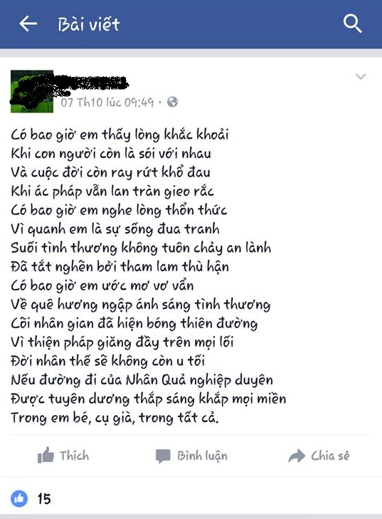 
Bài thơ đầy tâm trạng được cho là của nạn nhân viết trên Facebook cá nhân của mình.

