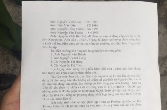 Báo cáo nhanh trong sáng nay của Công an phường Trúc Bạch về sự cố đổ nhà 43