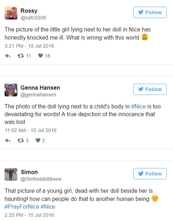 
Nhiều người dùng mạng chia sẻ sự đau lòng khi nhìn thấy bức ảnh con búp bê nằm cạnh thi thể nạn nhân trong vụ khủng bố ở Nice.
