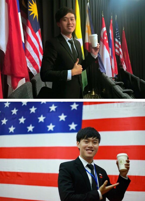 Chàng trai hào hứng khoe hai tấm hình chụp chung với chiếc cốc lưu niệm do Tổng thống tặng.