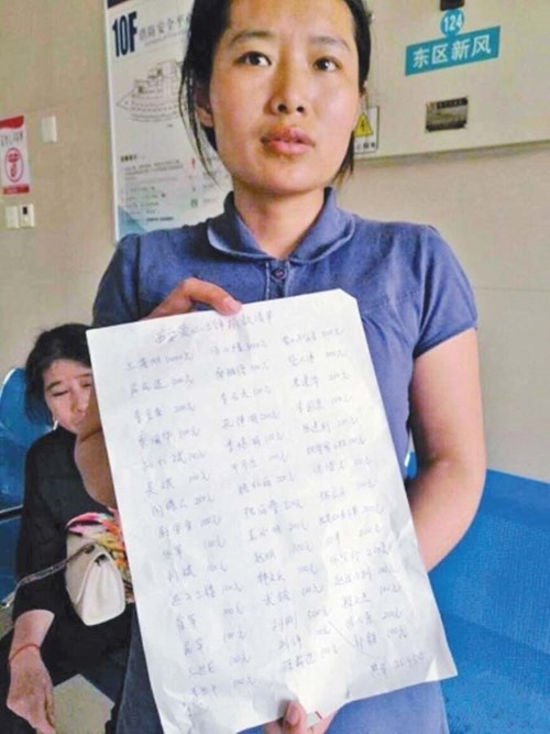 
Vợ của Wang Feng cầm danh sách ghi tên những nhà hảo tâm đã đóng góp tiền giúp chồng chị chữa trị
