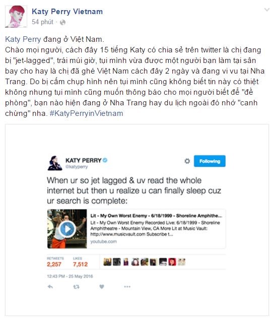 
Thông tin được fanpage Katy Perry Việt Nam chia sẻ cách đây 2 ngày.
