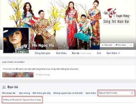 
Hà Hồ và Quốc Cường đã không còn là bạn bè trên Facebook (Ảnh chụp màn hình tìm kiếm tài khoản cá nhân Nguyen Quoc Cuong trong danh sách bạn bè Ho Ngoc Ha)
