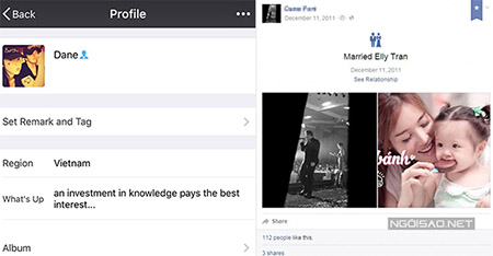 Tấm ảnh này được người đàn ông dùng làm ảnh đại diện (trái), còn trên facebook anh tạo trạng thái đã kết hôn với Elly Trần.
